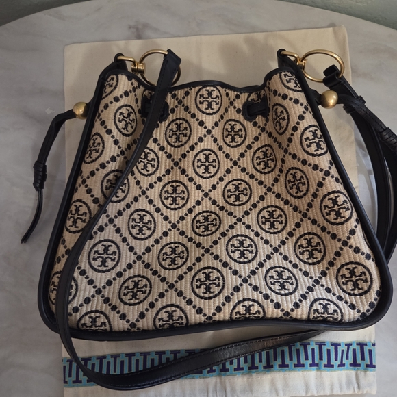 Tory Burch Handbags - $598 Tory Burch T Monogram Bell Bag Black/Tan